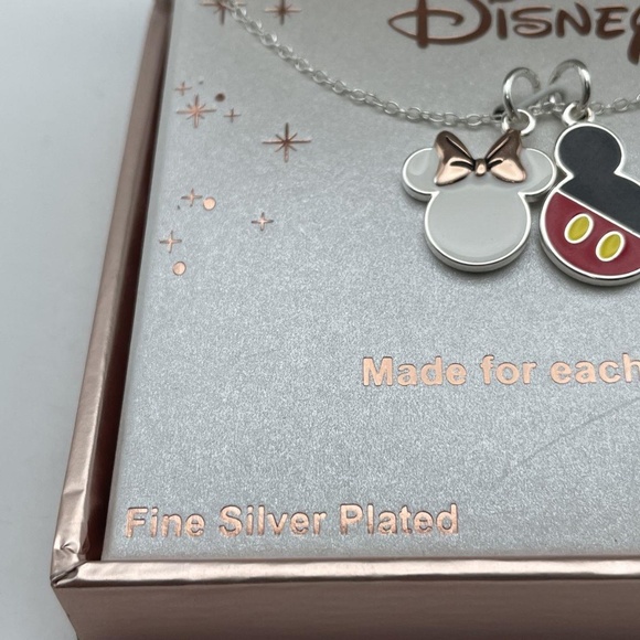 NIB Disney Fine Silver Plated & Enamel Mickey & Minnie Double Pendant Necklace - Picture 3 of 6